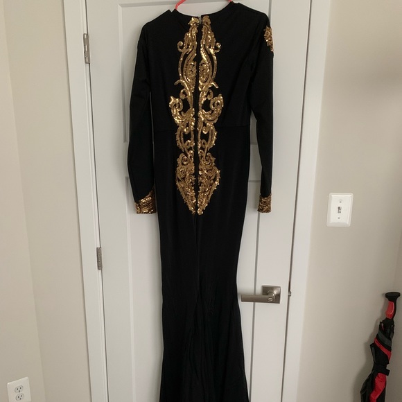 Custom Black and Gold Dress with Appliqués and Train - Picture 2 of 4